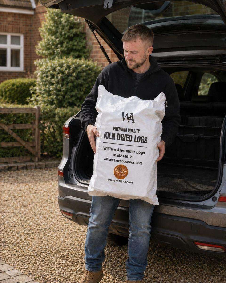 A customer collecting logs into a car boot at the yard