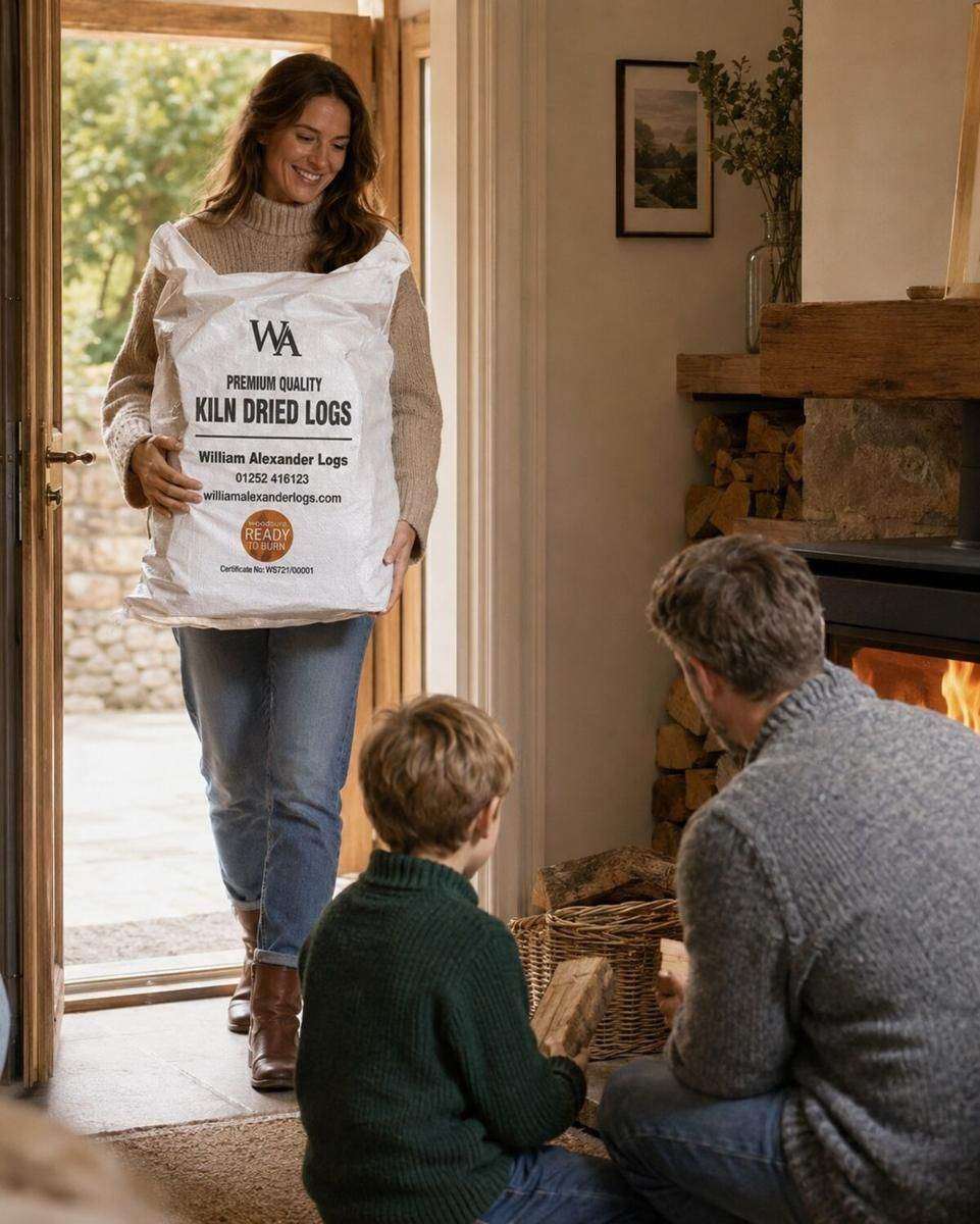 A customer carrying a bag of kiln-dried logs in from the door