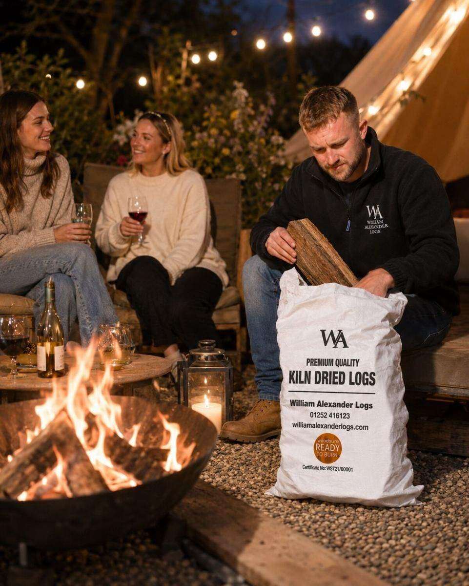 Friends around a fire pit burning kiln-dried logs