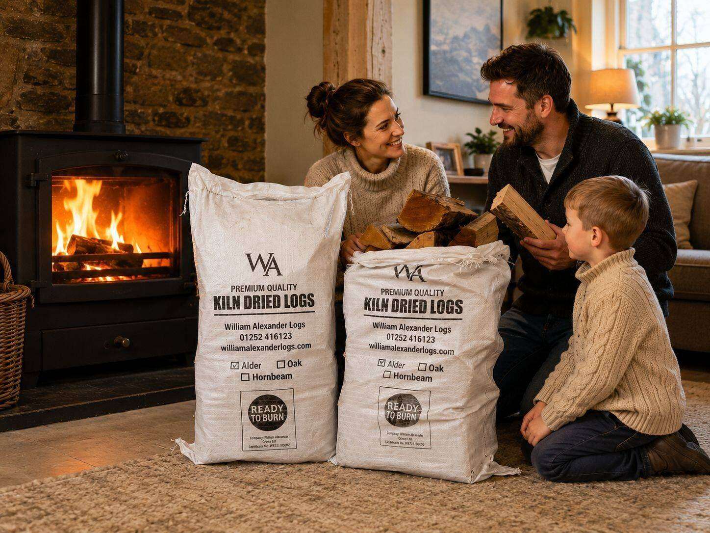 A family filling a wood burner from William Alexander bags of kiln-dried logs