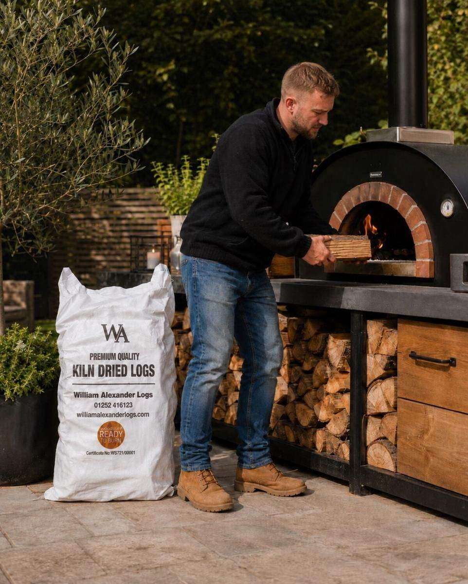 A pizza oven fired with kiln-dried hardwood